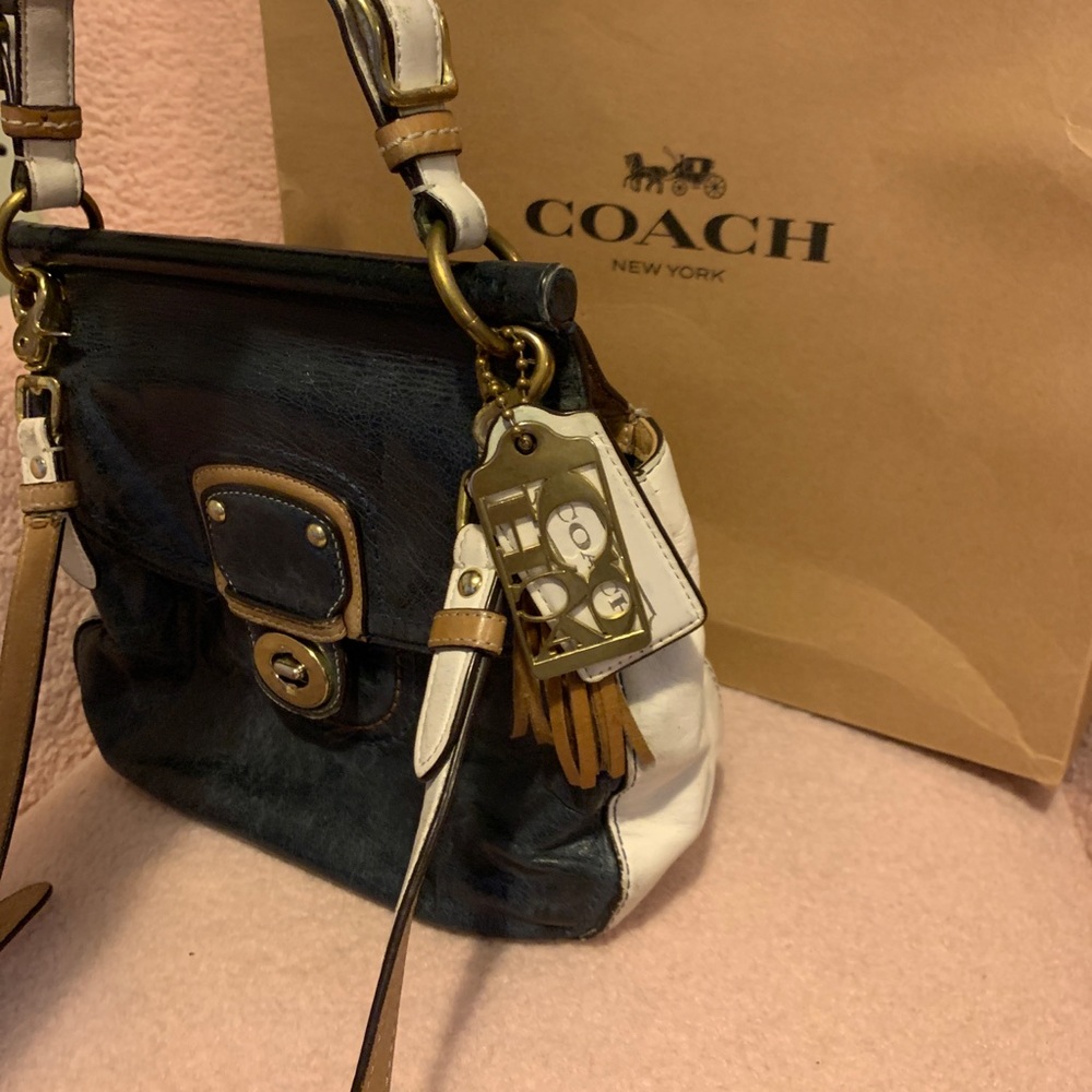 70th Anniversary Coach Navy & Tan Leather Shoulder Bag w/ Hang Tag &Tassel Charm - Picture 2 of 14